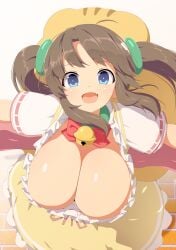 :d bell big_breasts blue_eyes blush breasts brown_hair choker cleavage collar dress fangs female female_focus floating_hair floor from_above green_choker hair hair_ornament happy highres huge_breasts jingle_bell light_blush long_hair looking_at_viewer marvelous minori_(senran_kagura) neck_bell oerba_yun_fang outstretched_arms short_sleeves shortstack sidelocks skirt smile solo spread_arms standing tottotonero twintails yellow_dress