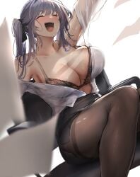 1girls azur_lane blue_hair bra breasts cleavage clothed drunk essex_(azur_lane) essex_(crossbones_especial)_(azur_lane) female hi_res huge_breasts liaowen light-skinned_female light_skin long_hair naughty_face office_lady open_clothes pantyhose short_skirt skirt smile thick_thighs thighband_pantyhose