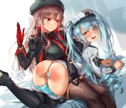 2girls ass beret black_headwear blue_hair blue_panties breasts brown_hair brown_thighhighs censored commentary_request gloves goddess_of_victory:_nikke hair_between_eyes hat high_heels highres large_breasts long_hair long_sleeves looking_at_another michairu military_uniform multiple_girls open_mouth over_the_knee_spanking panties panty_pull peaked_cap privaty_(nikke) rapi_(nikke) red_eyes red_gloves slap_mark spanking thighhighs twintails underwear uniform white_headwear yellow_eyes