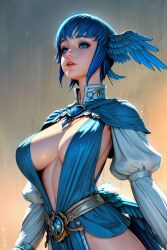 ai_generated blue_eyes blue_hair blue_outfit capelet deep_cleavage feathered_wings final_fantasy_xiv gem head_wings jewelry meteion pinup pixie_cut revealing_clothes stable_diffusion tagme