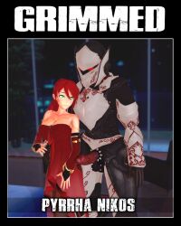 1boy 1girls arrancon bangs blush female green_eyes grimm_(rwby) grimmed human imminent_sex interspecies jaune_arc long_hair pale_skin pyrrha_nikos red_hair rwby sidelocks tagme