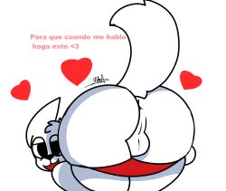 absurd_res anthro ass canid canine canis domestic_dog female fur heart hi_res humanoid looking_at_viewer looking_back looking_back_at_viewer male mammal presenting presenting_hindquarters raised_tail signature solo spanish spanish_dialogue spanish_text tail text uwu white_body white_fur youfrasn