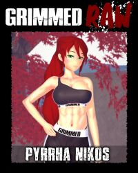 1girls abs alternate_costume arrancon bangs blush female female_focus green_eyes grimm_(rwby) grimmed hands_on_hips high_ponytail human interspecies long_hair looking_at_viewer pale_skin ponytail pyrrha_nikos red_hair rwby sidelocks solo tagme toned toned_female