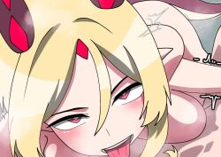 aranaya_zaneri_xaphina blonde blonde_female blonde_hair blonde_hair_female dominant dominant_female dragon dragon_girl dragon_horns dragon_tail green_bean handjob licking_nipples naked naked_female nude nude_female pointy_ears pov pov_eye_contact steam steaming steamy steamy_breath teasing virtual_youtuber vtuber