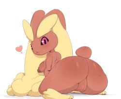 amailemon ass big_butt black_sclera blonde_hair breasts brown_body brown_fur butt_focus domestic_rabbit female floppy_ears fluffy fur generation_4_pokemon genitals hair lagomorph leporid looking_at_viewer looking_back lop_ears lop_rabbit lopunny mammal nintendo oryctolagus pink_eyes pokemon pokemon_(species) pussy rabbit rear_view scut_tail short_tail tail thick_thighs