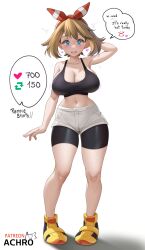 1girls achromaru blue_eyes breasts brown_hair female hips huge_breasts human jpeg light-skinned_female light_skin long_hair massive_breasts may_(pokemon) may_(pokemon_oras) nintendo pokemon pokemon_oras standing strip_game text thick_thighs thighs wide_hips