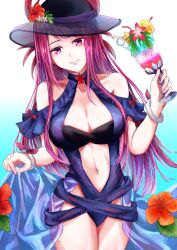 1girls alternate_costume black_headwear blue_one-piece_swimsuit blue_swimsuit bracelet closed_mouth clothing_cutout cocktail_glass cup drink drinking_glass female female female_only fire_emblem fire_emblem_engage fire_emblem_heroes flower hat holding ivy_(fire_emblem) ivy_(summer)_(fire_emblem) jewelry long_hair looking_at_viewer navel nintendo one-piece_swimsuit purple_eyes purple_hair solo sturm_fe_k11 swimsuit