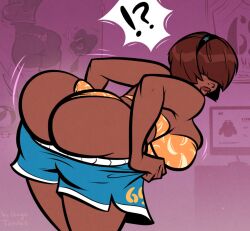 !? 1girls ass big_ass big_butt black_hairband blue_shorts bra brown_hair dark_hair dark_skin female female_only hair_band hair_covering_eyes hugotendaz inconvenient large_ass orange_bra orange_panties original panties shorts solo struggling_to_fit surprised