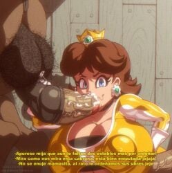 1girls all_the_way_to_the_base alternate_breast_size angelauxes animal_penis animated backsack blue_eyes bodysuit breasts brown_hair crown dialogue earrings edit fellatio female gigantic_breasts hairy_balls handjob horse horsecock huge_breasts male_anus mario_(series) nintendo princess_daisy spanish_text stray_pubic_hair thick_thighs tight_bodysuit tight_clothing wide_hips zoophilia