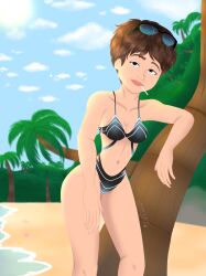 bare_arms bare_breasts bare_shoulders beach bikini blue_eyes brown_hair brown_hair cleavage digital_media_(artwork) disney evelyn_deavor female female_only human light-skinned_female light_skin medium_breasts mountains palm_tree pixar sand short_hair smirk solo swimsuit tall_female the_incredibles the_incredibles_2 tropical