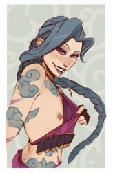 1girls artist_signature blue_hair braid braided_ponytail breasts clip eyeshadow female flashing flat_chest jinx_(league_of_legends) league_of_legends light-skinned_female light_skin lipstick long_hair looking_at_viewer makeup naughty_face nipple_piercing nipple_piercings one_breast_out petite pierced_nipple piercing piercings pink_eyes presenting presenting_breasts small_breasts smile solo tattoo tdp teasing