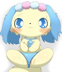 anthro azuo blue_clothing blue_eyes blue_hair blue_panties blue_underwear blush bodily_fluids canid canine canis clothed clothing domestic_dog female fur genitals hair hi_res jewelpet jewelry lying mammal necklace on_back panties plump_labia pussy sanrio sapphie_(jewelpet) simple_background solo sweat underwear white_background yellow_body yellow_fur