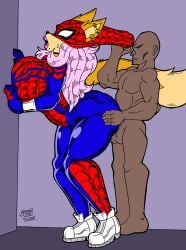 big_breasts bodysuit defeated defeated_heroine fox fox_ears fox_girl fox_humanoid fur furry marvel mask_pull nidia_rose pink_hair spider-man_(series) unmasking white_shoes zhengfox