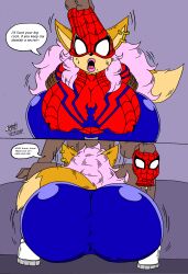 anthro big_ass big_butt blackmail bodysuit fellatio female fox fox_ears fox_girl fox_humanoid fur furry implied_fellatio implied_oral large_ass lips marvel marvel_comics mask nidia_rose nipples_visible_through_clothing oral pink_hair spider-man_(series) superheroine sweat sweaty tail unmasked unmasked_against_will zhengfox