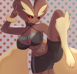 1girls big_breasts black_sclera bra breasts brown_body brown_fur claws collar dated english_text female_only furry furry_only generation_4_pokemon japanese_text lopunny navel nyaohha paws pokémon_(species) pokemon pokemon_(species) pokemon_dppt raised_leg red_eyes sports_bra sportswear text_on_breast twitter_username yellow_fur