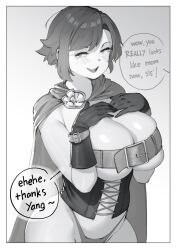 big_breasts black_and_white breast_belt breasts cleavage curvy curvy_body curvy_female curvy_figure hands_on_breasts lulu-chan92 no_pants rooster_teeth ruby_rose rwby short_hair thin_waist useless_clothing