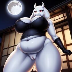 1girls 2020s 2023 ai_generated anthro big_breasts black_clothing black_gloves boss_monster bottomless bottomless_female breasts building caprine chubby chubby_female cleavage clothing deltarune female female_only frosting.ai furry gloves half_naked hips horns japanese_house long_ears looking_at_viewer looking_down low-angle_view milf monster_girl moon night night_sky nipple_outline nipples_visible_through_clothing outside pussy red_eyes scalieton self_upload slightly_chubby snout thick_thighs tight_clothing toriel tummy undertale undertale_(series) vagina white_body wide_hips