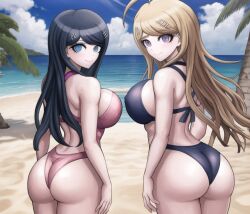 2girls ahoge ai_generated akamatsu_kaede ass beach big_breasts bikini boobs_and_butt_pose danganronpa danganronpa:_trigger_happy_havoc danganronpa_v3 large_ass large_breasts looking_at_viewer looking_back maizono_sayaka n.c.b_ai sideboob smile stable_diffusion swimsuit tight_clothing