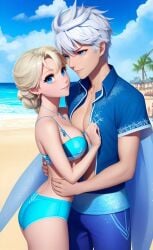 1boy 1girls ai_generated arms_around_partner beach bikini blonde_hair blue_eyes breast_on_chest breast_press_on_chest breasts_on_chest cleavage crossover disney disney_princess dreamworks elsa_(frozen) embrace frozen_(film) frozen_2 hands_on_waist hugging jack_frost jack_frost_(rise_of_the_guardians) jelsa palm_tree paramount_pictures rise_of_the_guardians seaside summer swimsuit water
