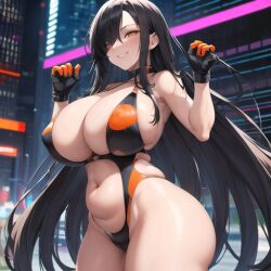 ai_generated amber_eyes big_ass big_breasts black_clothes black_clothing black_hair bubble_butt cyberpunk cyberpunk:_edgerunners cyberpunk_2077 large_ass large_breasts light-skinned_female long_hair massive_ass massive_breasts nemus_waifu_generator orange_clothes orange_clothing pale-skinned_female pale_skin skimpy skimpy_bikini skimpy_clothes thick_ass thick_thighs white_skin