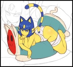 1girls animal_crossing ankha anthro ass bandage blue_eyes blue_hair cat_ears cat_humanoid cat_pillow cat_tail curvy don-chan felid feline female female_only hand_under_chin looking_at_viewer mostly_nude nintendo no_bra no_clothes picote posing short_hair solo solo_female solo_focus taiko_no_tatsujin thighs two_tone_hair yellow_body
