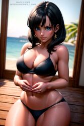 1girls ai_generated beach big_ass big_breasts big_butt black_hair blue_eyes dragon_ball dragon_ball_z female sand space_o_space stable_diffusion sunlight videl water