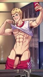 animated armpit_hair big_penis blonde_hair male_only no_sound persona_5 pubic_hair ryuji_sakamoto scrowny selfie semi-erect sweat tagme video