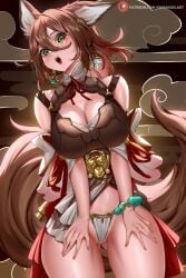 1girls animal_ears big_breasts brown_hair cleavage enmanuelart20 female female_only fox_ears fox_girl fox_tail green_eyes hands_on_thighs honkai:_star_rail large_breasts looking_at_viewer panties solo solo_female tail thick thick_thighs tingyun_(honkai:_star_rail) voluptuous