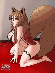 bikini bondage brown_eyes brown_fur brown_hair clairaeportera1 dyed_hair fox fox_ears fox_girl fox_tail kitsune leash leash_and_collar leash_pull oc red_carpet red_tip