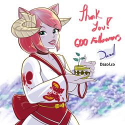 butterfly cat_ears cat_tail catgirl cup dazol facial_markings flower green_eyes horns kimono large_breasts light-skinned_female light_skin lipstick pink_hair smile sprout tagme tea_cup