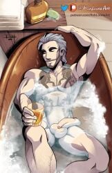 1boy abs ackanime alcohol alcoholic_drink armpit_hair balls bara bath bathtub beard biceps big_balls big_penis completely_nude facial_hair flaccid flaccid_penis foreskin gay hairy hairy_arms hairy_chest hi_res highres male male_focus male_only male_pubic_hair muscular muscular_male nipples nude original_character penis roblourie solo solo_male tattoo unretracted_foreskin wet