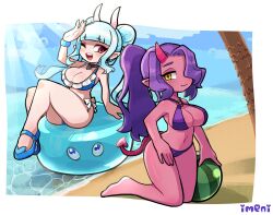 barefoot beach big_breasts big_hips bikini blue_hair blush bow choker cleavage devil_tail feet horn horns jimafy large_breasts large_hips light_blue_hair melon palm_tree pointy_ears pointy_tail ponytail purple_hair red_eyes red_skin sand sandals single_horn smile sun_rays swimsuit swimwear tail water yellow_eyes