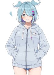 1girls blue_hair blush cameltoe dragon_girl elira_pendora hair_covering_eye hair_wings hairclips hands_in_pockets heart hoodie karasuma_yuuji looking_at_viewer nijisanji nijisanji_en no_pants panties pussy_bulge smile smiling_at_viewer sweater virtual_youtuber white_background wholesome