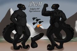 argonian balls bethesda_softworks big_balls big_penis black_body black_claws black_horn black_nipples black_scales black_sclera cainesart cel_shading character_name claws color_swatch digital_drawing_(artwork) digital_media_(artwork) digitigrade drell_(rau_werner) english_text genitals hi_res horn male male_only model_sheet musclegut nipples nude orange_eyes penis raptor_claws scales scalie shaded skyrim solo standing tail text the_elder_scrolls toe_claws