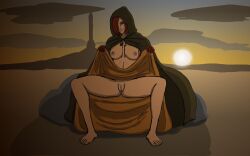 1girls breasts charlescoolington cloak dark_souls dark_souls_2 emerald_herald female female_only fromsoftware hair_over_one_eye hood legs lifting_dress looking_at_viewer nipples presenting presenting_pussy pussy sitting smile sunset