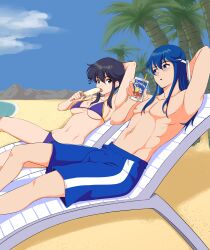 1boy 1girls absurdres alternate_costume alternate_hairstyle assertive_female bad_source beach bikini black_hair blue_hair blush breasts chair commission couple day drinking_straw dripping eye_contact fefex female fire_emblem fire_emblem:_genealogy_of_the_holy_war food hair_down headband highres holding holding_food holding_popsicle ice_cream juice_box larcei_(fire_emblem) looking_at_another lounge_chair lying male male_swimwear melting_popsicle navel nintendo ocean open_mouth palm_tree popsicle popsicle_melting purple_bikini purple_swimsuit rs40uchiha seliph_(fire_emblem) sexually_suggestive summer swim_trunks swimsuit tomboy tree