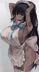 1girls absurdres adjusting_hair apron aqua_bow aqua_bowtie arm_tattoo armpits arms_up black_hair blue_archive blush bow bowtie breasts cleaning_&_clearing_(blue_archive) commentary covered_nipples dark-skinned_female dark_skin female garter_straps highres huge_breasts karin_(blue_archive) looking_at_viewer maid_apron maid_headdress millennium_science_school_student naked_apron nuo_(fttv3255) simple_background solo tattoo thighhighs white_garter_straps white_thighhighs