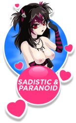 1girls bangs black_hair blue_background breasts cross_necklace crush_crush dark_mio_(crush_crush) description english_text female gloves goth_girl hair_ornament hearts nipple_piercing pink_eyes pink_hair png sad_panda_studios twintails