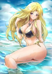 1girls alternate_breast_size alternate_costume ass bare_legs big_ass big_breasts bikini blonde_hair breasts bronze_felix clarisse_(fire_emblem) cleavage commission commissioner_upload deekei female female_only fire_emblem fire_emblem:_mystery_of_the_emblem fire_emblem:_new_mystery_of_the_emblem frown large_breasts legs long_hair nintendo ocean outdoors purple_eyes sitting solo swimsuit thighs water