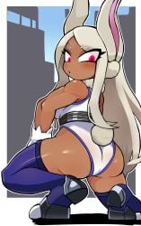 2023 ass breasts bunny_ears bunny_girl bunny_tail clothed dark-skinned_female dark_skin female female_focus female_only fully_clothed gloves jimafy long_hair miruko muscular muscular_female my_hero_academia rabbit_ears red_eyes rumi_usagiyama tail thick_thighs thighhighs thighs usagiyama_rumi white_hair