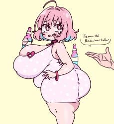 1boy 1girls ahoge beer big_ass big_breasts big_butt blue_eyes blush chubby english_text huge_ass huge_breasts idolmaster idolmaster_cinderella_girls implied_ass_cleavage inakotho looking_back multicolored_hair oerba_yun_fang pink_hair shortstack side_view text thick_thighs yumemi_riamu