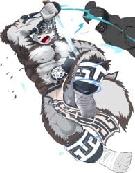 accessory anthro balls blood bodily_fluids bottomwear canid canine canis clothing fur genitals grey_body grey_fur headband hi_res horkeukamui lifewonders loincloth male mammal melee_weapon muscular muscular_anthro muscular_male nipples pecs psbp3wax4jnmruz solo sword tokyo_afterschool_summoners weapon wolf wounded