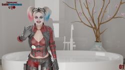 1girls bathroom bathtub clothed clothing dc female female_only fully_clothed harley_quinn injustice_2 light-skinned_female light_skin lipstick looking_at_viewer makeup middle_finger multicolored_hair red_lipstick smile smithproductions solo standing