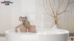 2girls bathroom bathtub blonde blonde_hair dc harley_quinn injustice_2 light-skinned_female light_skin lipstick makeup multicolored_hair multiple_girls nude nude_female red_lipstick smithproductions supergirl