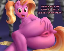 2023 5_fingers absurd_res anthro anus ass blush dialogue digital_media_(artwork) dock english_text equid equine eyelashes female fingers friendship_is_magic genitals group hasbro hi_res horn irisarco looking_at_viewer luster_dawn_(mlp) mammal my_little_pony nude open_mouth pussy solo_focus text unicorn