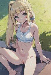 ai_generated bent_legs cartoony cute glistening_genitalia lillie_(pokemon) nintendo petite pokemon pussy sitting_on_floor small_breasts small_pussy sports_bra spread_legs