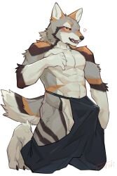 2023 abs absurd_res anthro balls blush canid clothed clothing erection erection_under_clothing fur genitals hi_res kneeling male mammal multicolored_body multicolored_fur muscular muscular_anthro muscular_male simple_background solo tos_tos_f_ski yellow_eyes