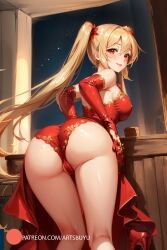 ai_generated artsbuyu ass ass_focus bent_over blonde_hair blush cameltoe dress eyes from_behind hair_scrunchie long_hair looking_back medium_breasts red red_dress scrunchie smile stable_diffusion twintails