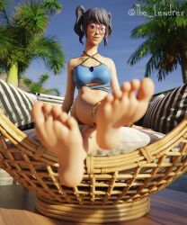 1girls 3d alternate_version_available barefoot blender blurry clothed clothing crystal_(fortnite) dark_blue_hair detailed_background epic_games eye_contact feet feet female female_focus female_only fortnite glasses highres lewdrex light-skinned_female light_skin looking_at_viewer looking_down outdoors palm_tree palm_trees presenting scuba_crystal_(fortnite) shadow sitting soles solo solo_focus sun sunlight tank_top trees twintails watermark whistle whistle_around_neck