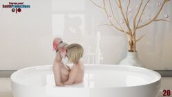 2girls bathroom bathtub blonde blonde_hair dc harley_quinn injustice_2 kissing light-skinned_female light_skin lipstick makeup multicolored_hair multiple_girls nude nude_female red_lipstick smithproductions supergirl